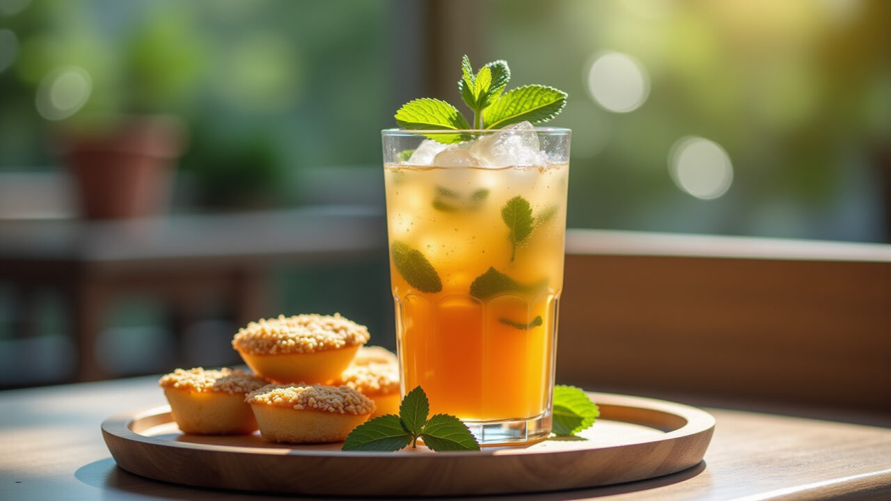 Iced mint tea served on a table with Brazilian snacks, refreshing summer day, professional Chá de hortelã gelado servido com petiscos brasileiros.