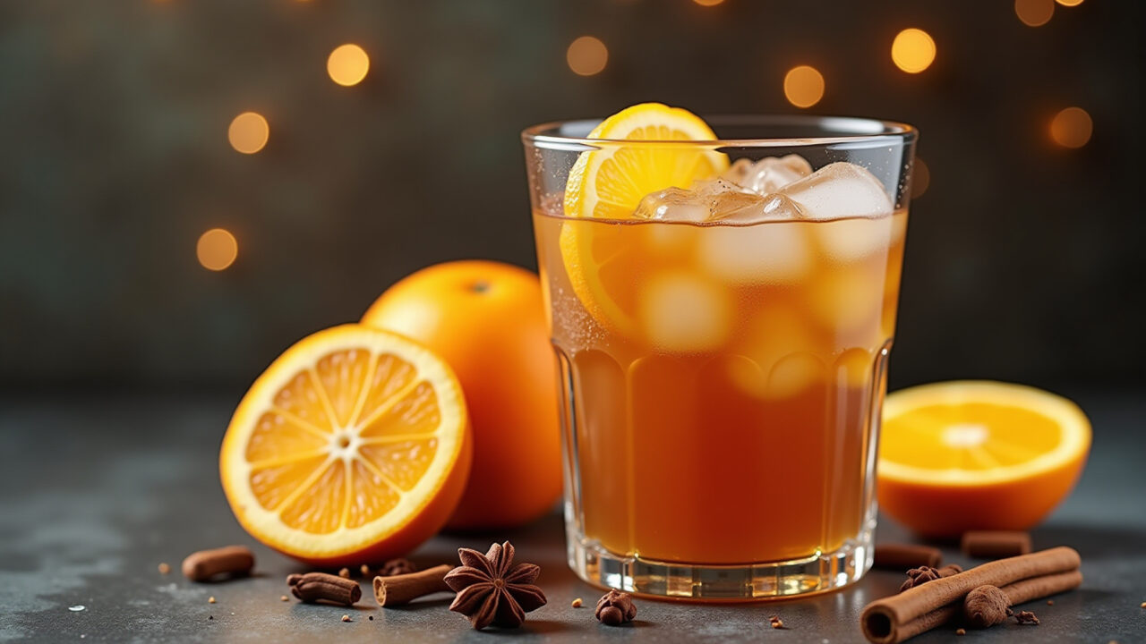 Iced orange spice tea, festive, glass with orange slices, cloves, cardamom, vibrant, professional Chá gelado de laranja com especiarias caseiro.