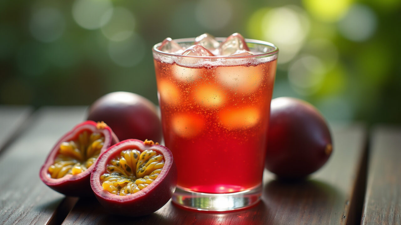 Iced passion fruit tea, exotic, glass with passion fruit pulp, refreshing, natural light, Chá gelado de maracujá caseiro.