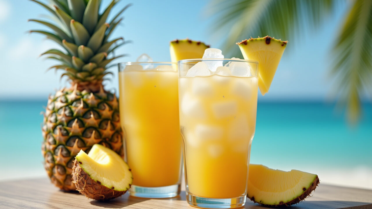 Iced pineapple coconut tea, tropical, glass with pineapple chunks, coconut flakes, beach vibes, Chá gelado de abacaxi com coco caseiro.