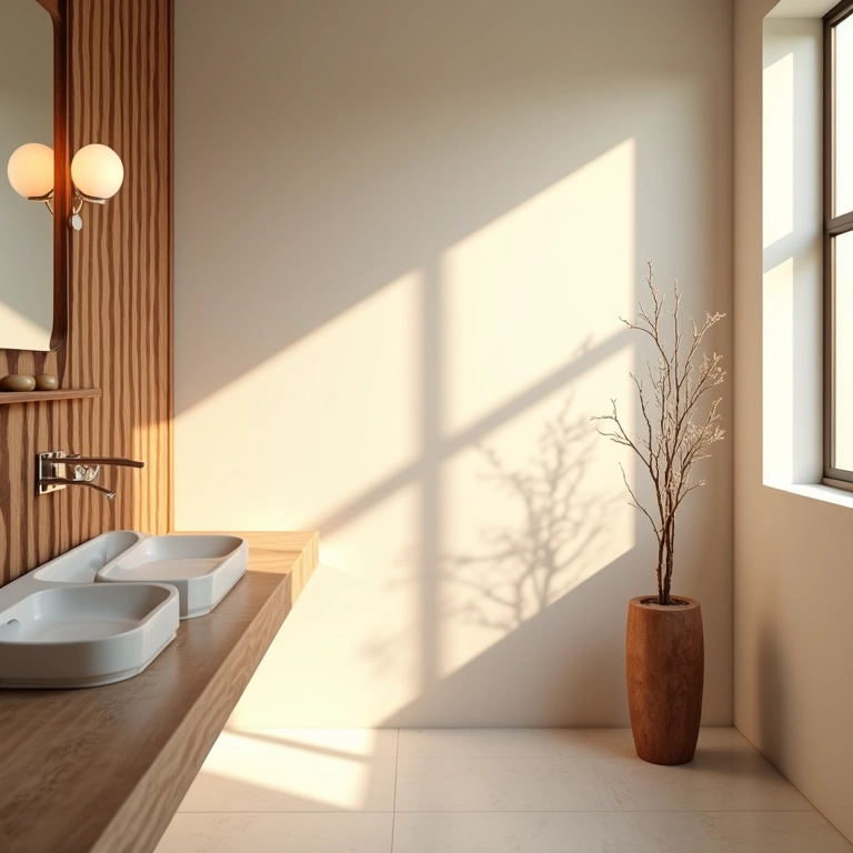 Iluminação quente com detalhes em madeira.