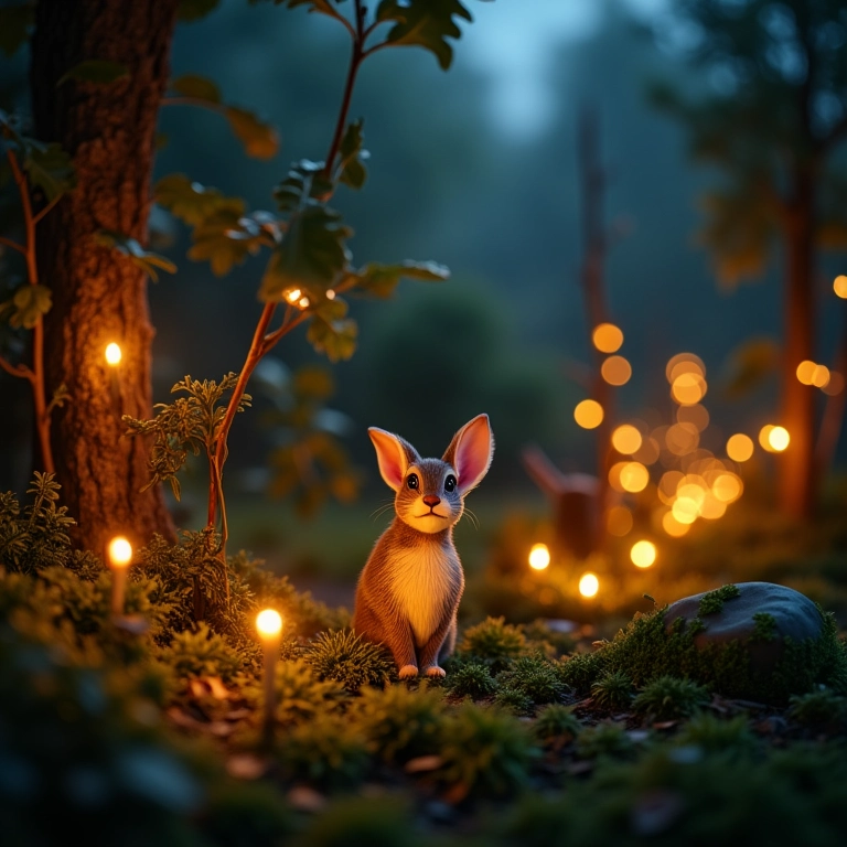 Iluminação suave em jardim de fadas noturno.