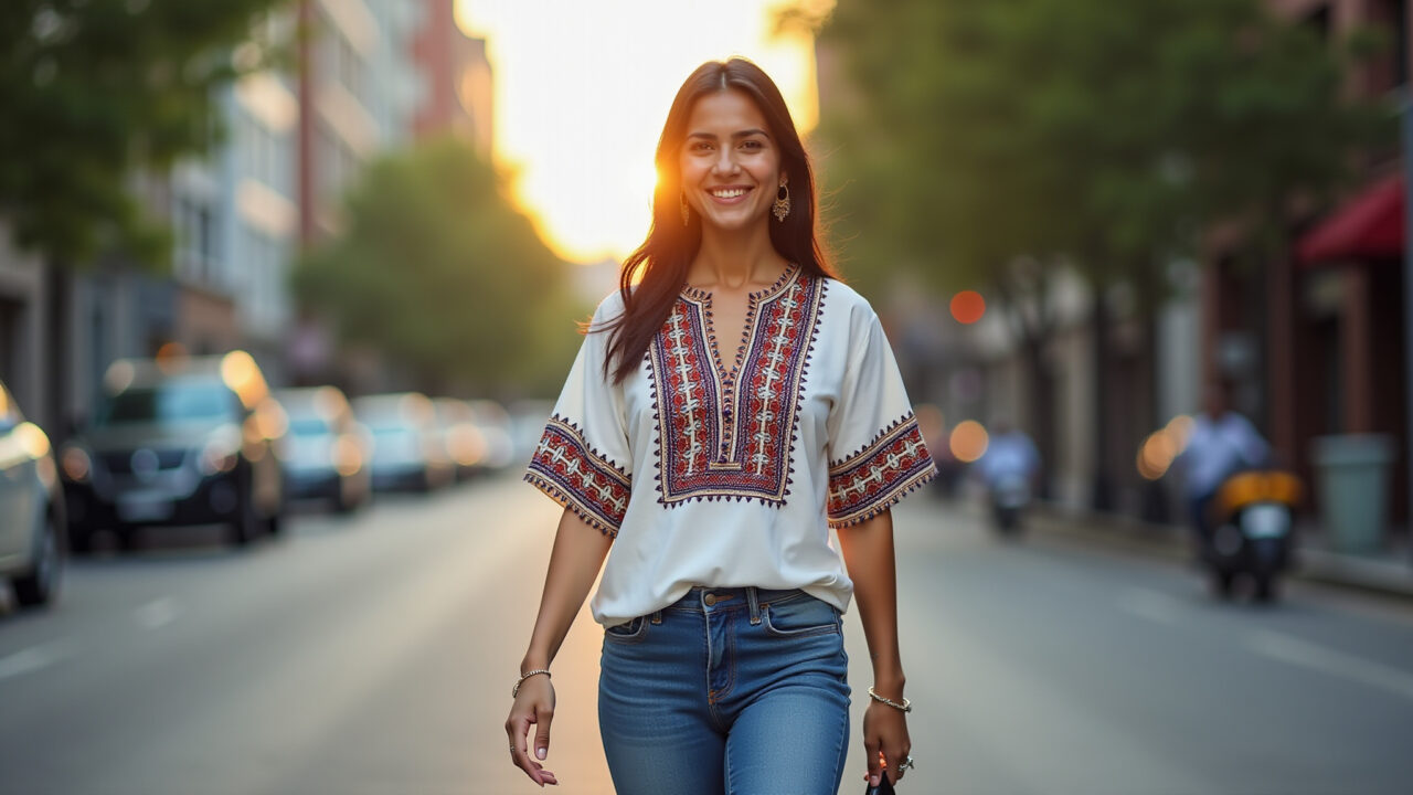 Mulher usando blusa com grafismo indígena no dia a dia.