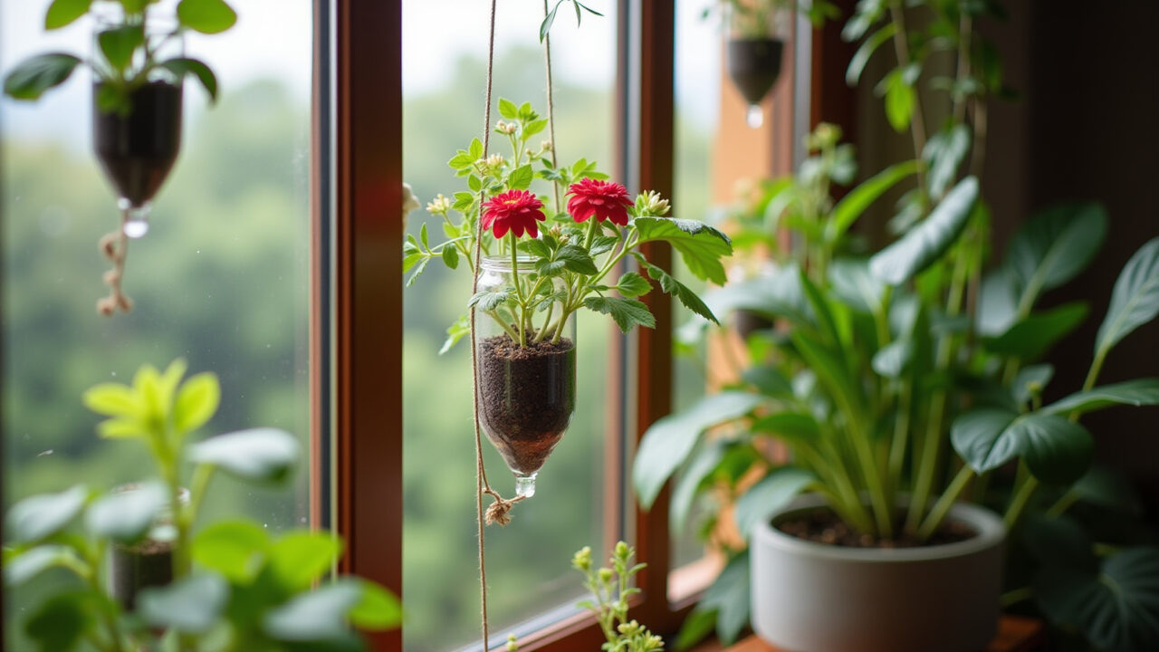 Indoor vertical garden, PET bottle planters, herbs and flowers, Brazilian home, natural lighting, Jardim vertical em casa com garrafas PET recicladas.