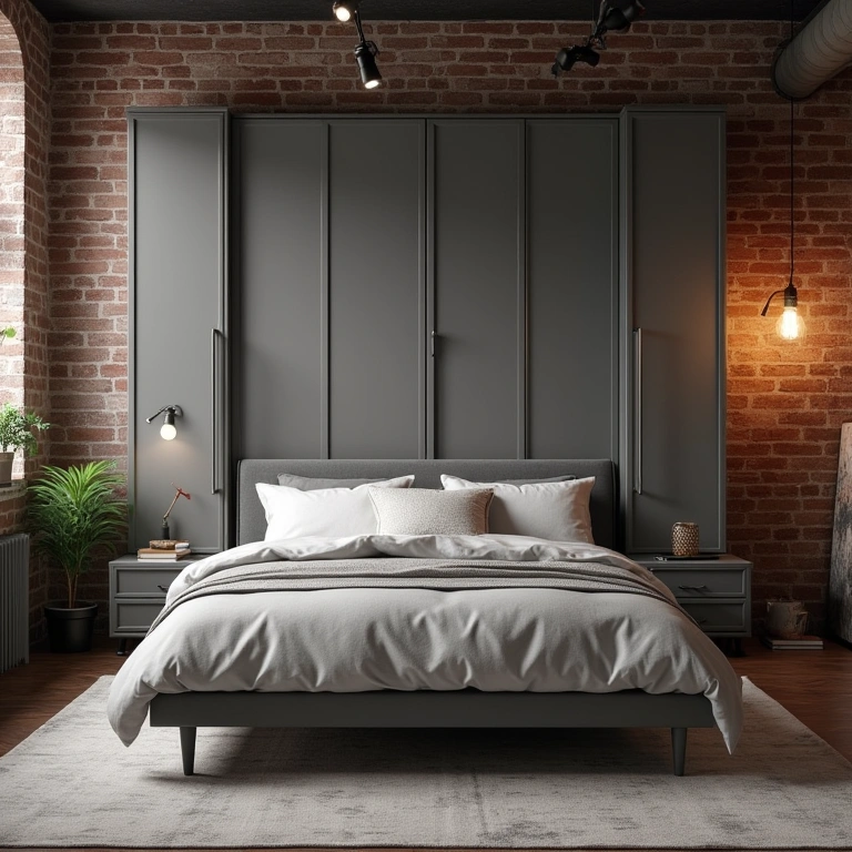 Industrial bedroom with gray MDF wardrobe, exposed brick, metal accents, filament lighting, Quarto industrial com guarda-roupa MDF cinza.