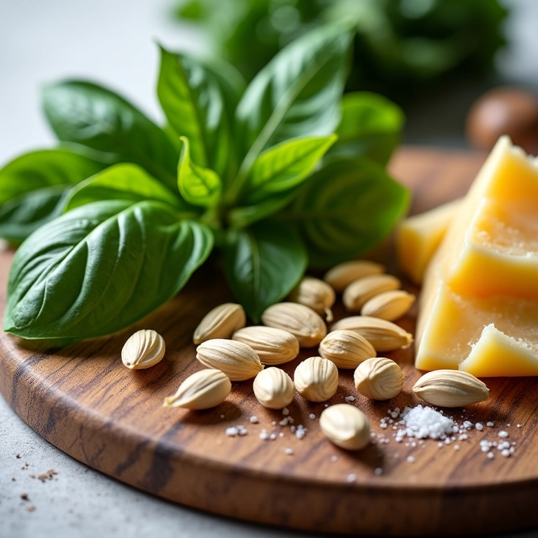 Ingredientes do molho pesto dispostos em uma tábua de madeira.