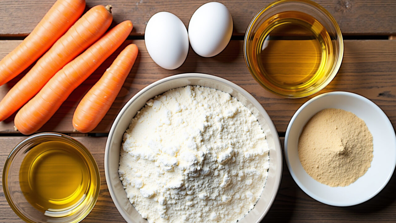 Ingredients for carrot cake on a wooden table: carrots, eggs, oil, sugar, flour, baking powder. Ingredientes para bolo de cenoura simples.