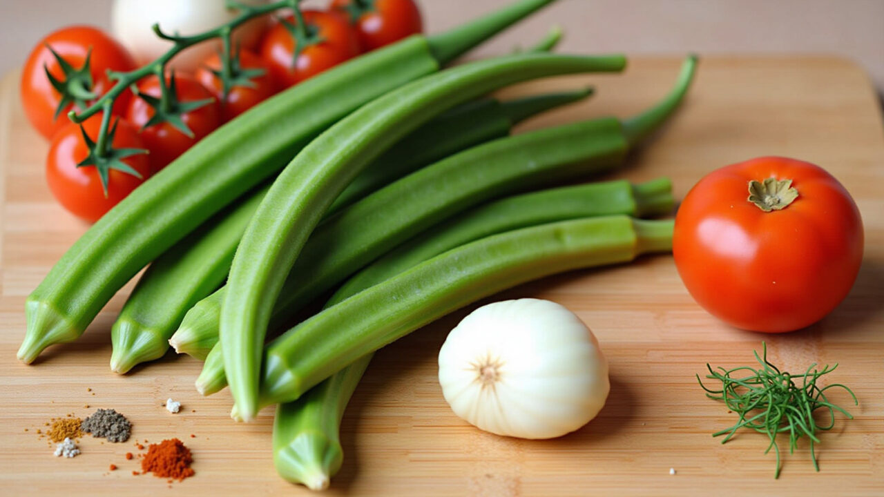 Ingredients for 'quiabo refogado', fresh okra, garlic, onion, tomato, spices, wooden cutting board, Ingredientes frescos para preparar quiabo refogado.