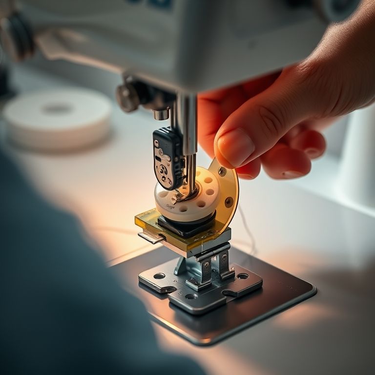 Inspeção detalhada da caixa da bobina da máquina de costura.