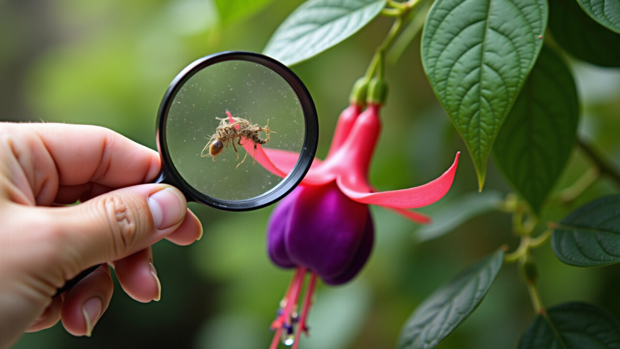 Inspecting fuchsia 'brinco de princesa' for pests, magnifying glass, healthy leaves, 8k, sharp Verificando pragas na brinco de princesa
