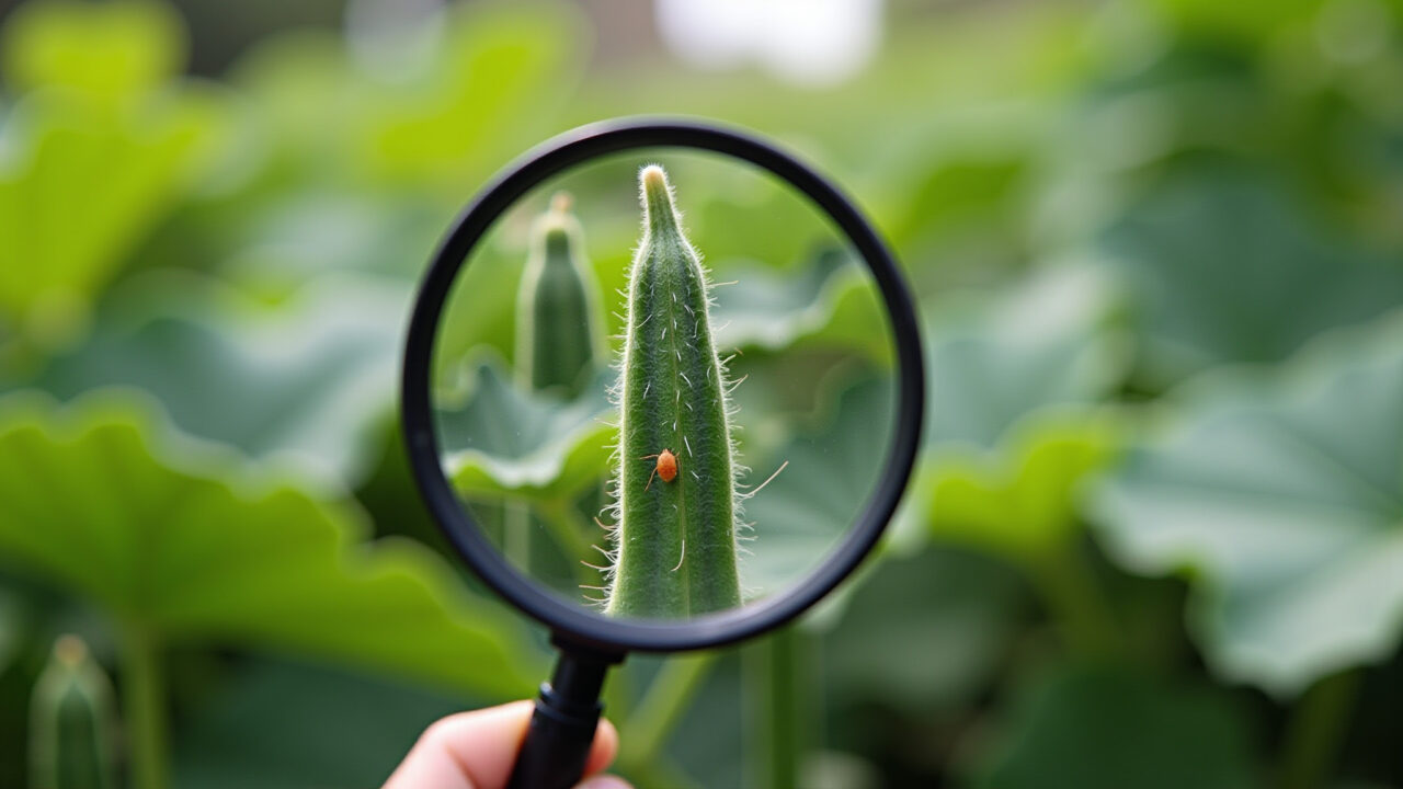 Inspecting okra plants for pests, magnifying glass, backyard garden, organic gardening, Inspecionando plantas de quiabo em busca de pragas no quintal.