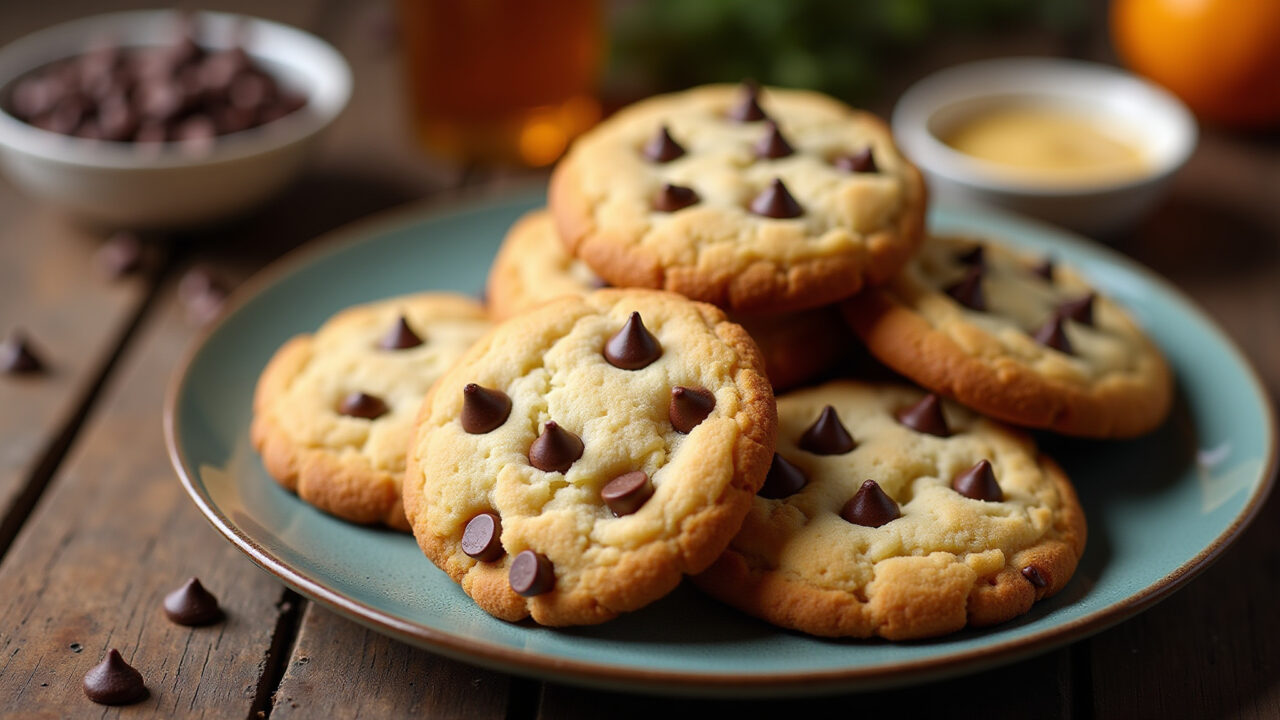 Integral cookies with honey and chocolate chips, rustic plate, Brazilian kitchen, 8k, professional Cookies integrais com mel e chocolate.