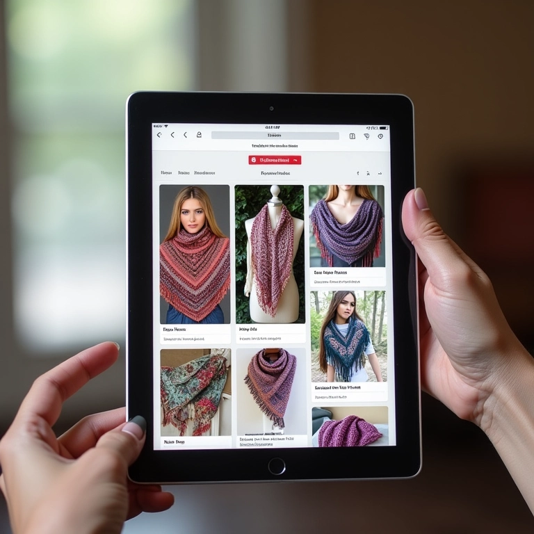 Interface do Pinterest em um tablet mostrando inspirações de xales de crochê.