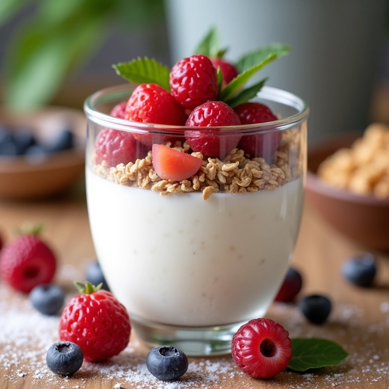 Iogurte com granola caseira e frutas vermelhas.