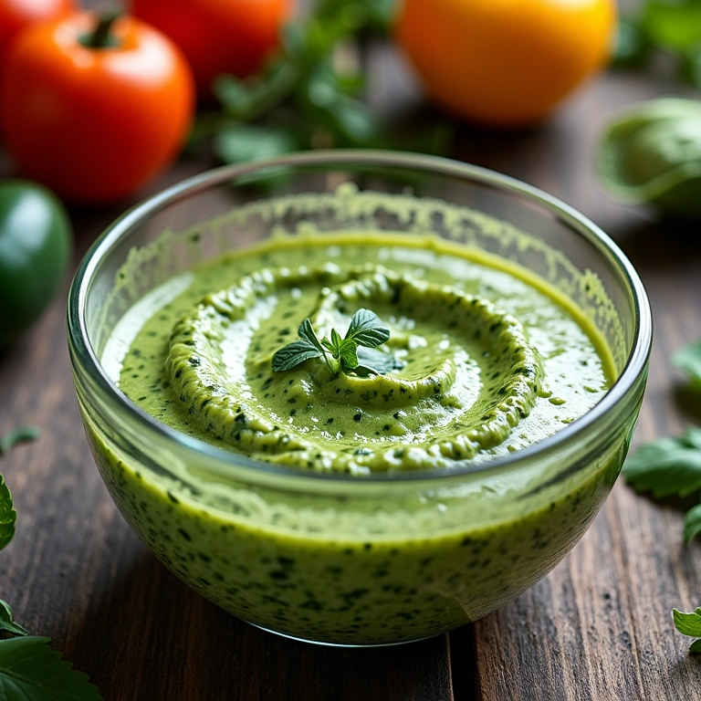 Iogurte sendo misturado no molho pesto.