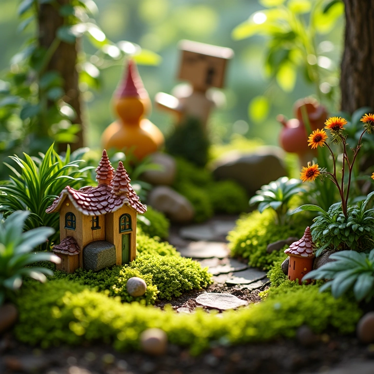 Jardim de fadas em miniatura vibrante e detalhado.