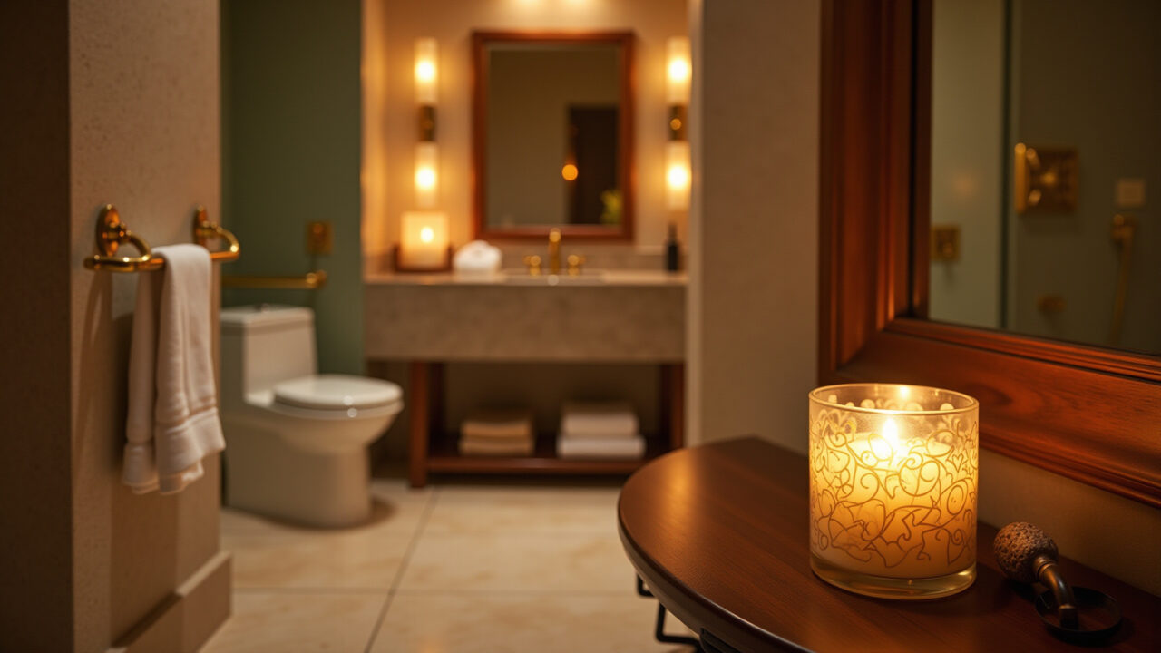 Jasmine candle, exotic bathroom, luxurious details, soft light, sensual Brazilian design, Vela de jasmim para sensualidade.