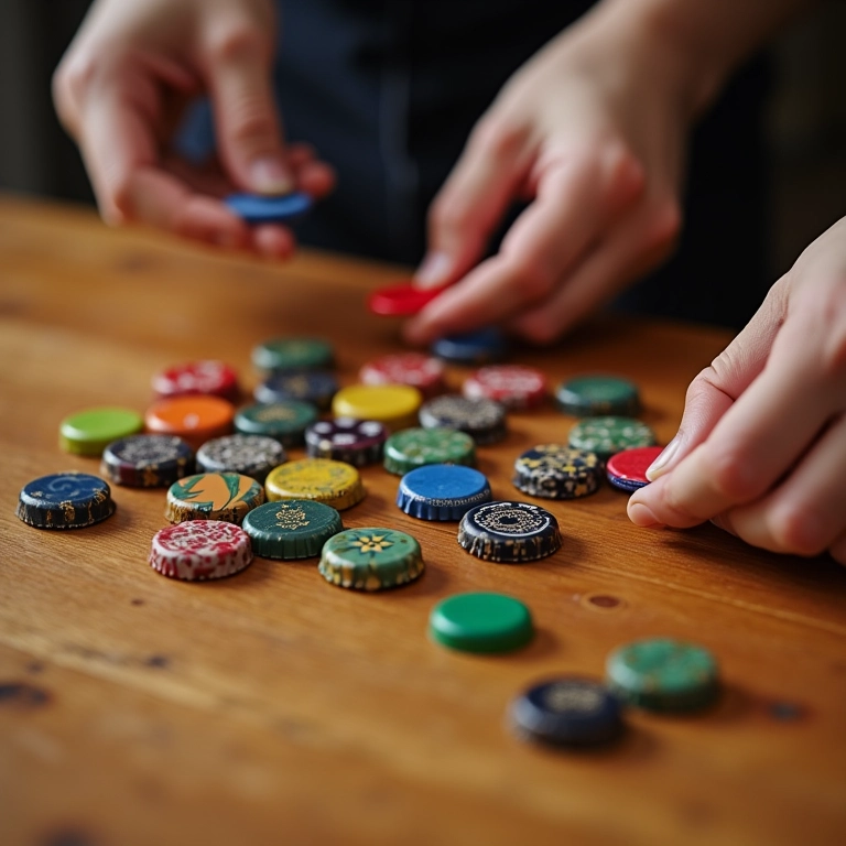 Jogo da memória com tampinhas de garrafa coloridas em mesa de madeira.