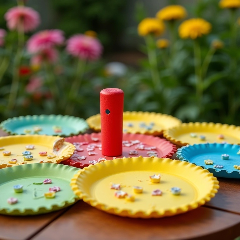 Jogo de argolas artesanal com pratos de papel coloridos.