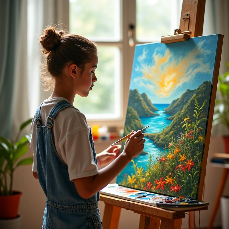 Jovem artista pintando uma paisagem vibrante em seu estúdio.