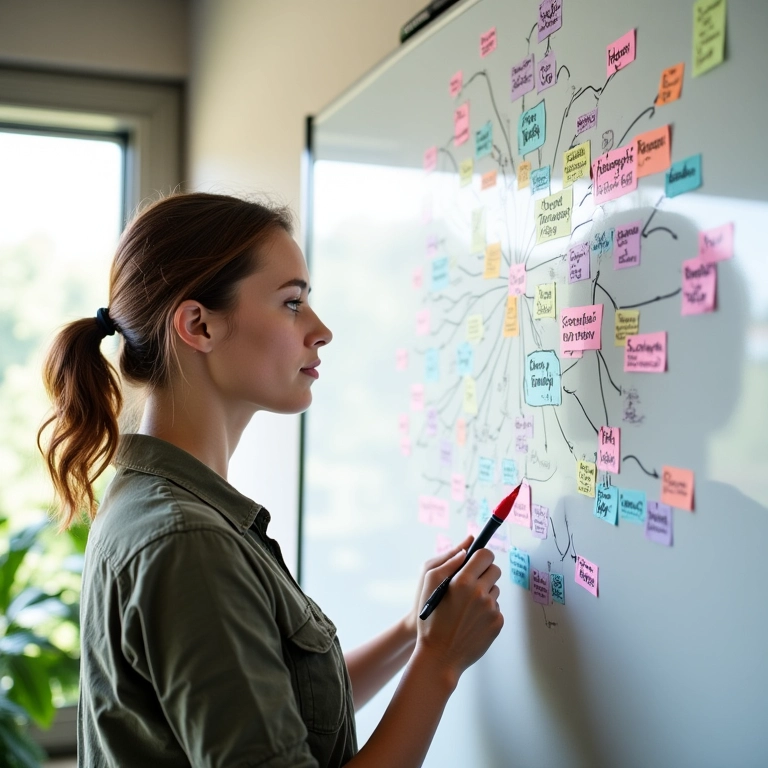 Jovem criando mapa mental colorido em quadro branco.
