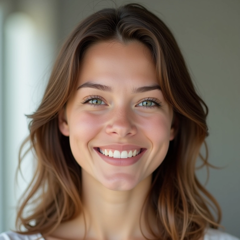 Jovem mulher com maquiagem natural e cabelo bem arrumado, sorrindo confiante.