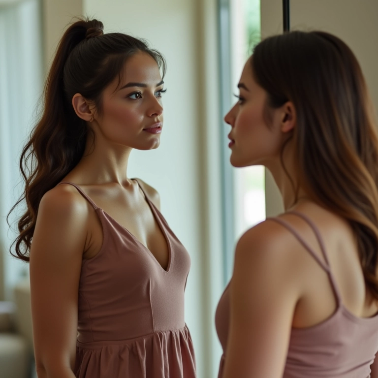 Jovem mulher se olhando no espelho, ajustando a roupa para refletir seu estilo pessoal.