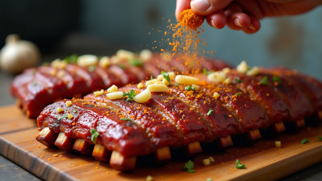 Juicy pork ribs being seasoned with garlic, paprika, and herbs, close-up, natural light, 8K, Costelas de porco sendo temperadas com alho e páprica.