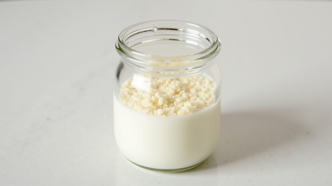 Kefir grains in a small jar with milk in the fridge, resting, natural light, 8K, lifestyle Grãos de kefir descansando na geladeira.