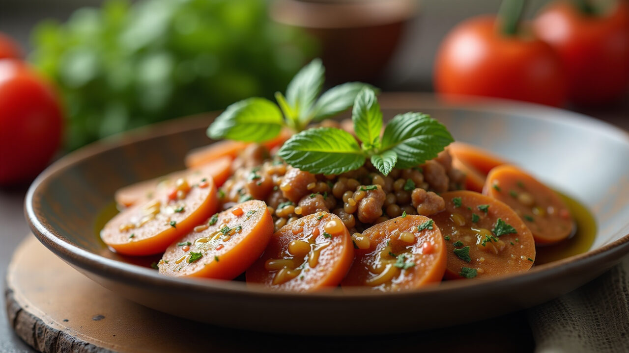 Kibe cru with coalhada seca and olive oil, traditional Arab plate, fresh mint, close-up, natural Kibe cru com coalhada seca e azeite, iguaria árabe autêntica.