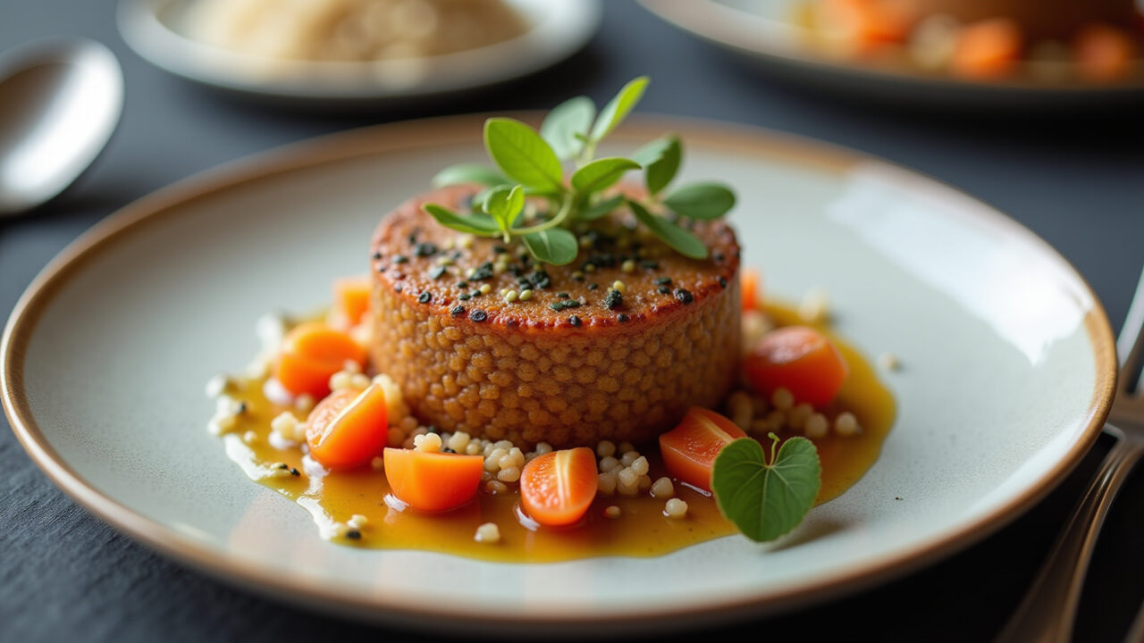 Kibe de quinoa with cogumelos, elegant plate, gourmet setting, soft lighting, professional Kibe de quinoa com cogumelos, opção sofisticada e saudável.