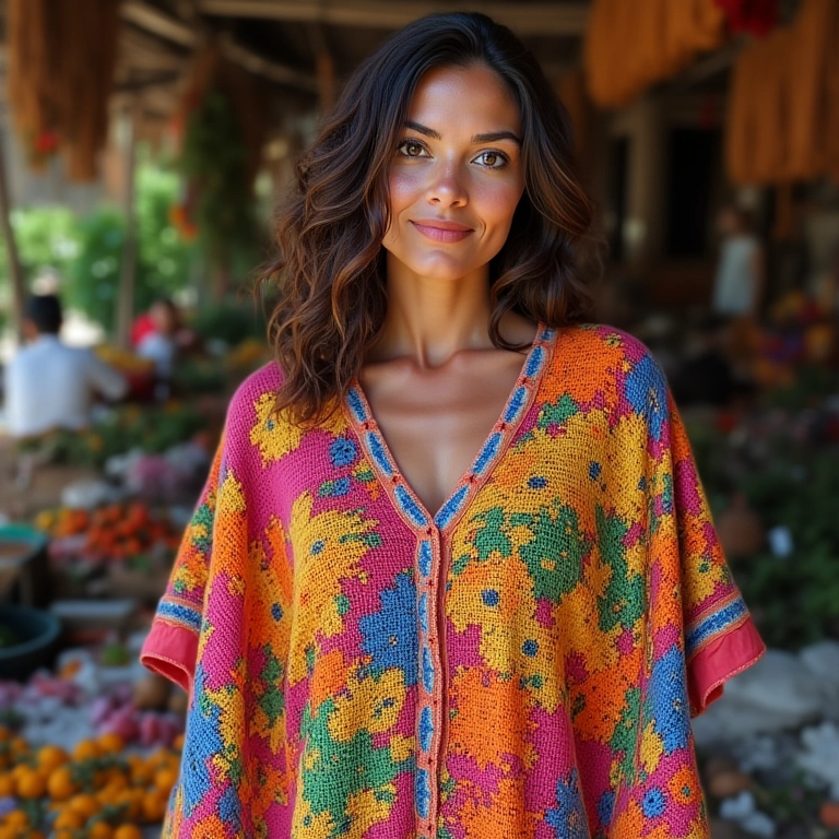 Kimono de crochê com estampas florais vibrantes.