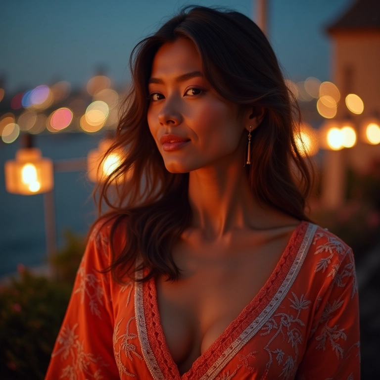 Kimono de crochê elegante em festa noturna.