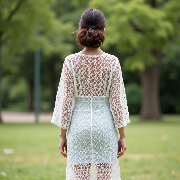 Kimono de crochê na altura do joelho para um look casual.
