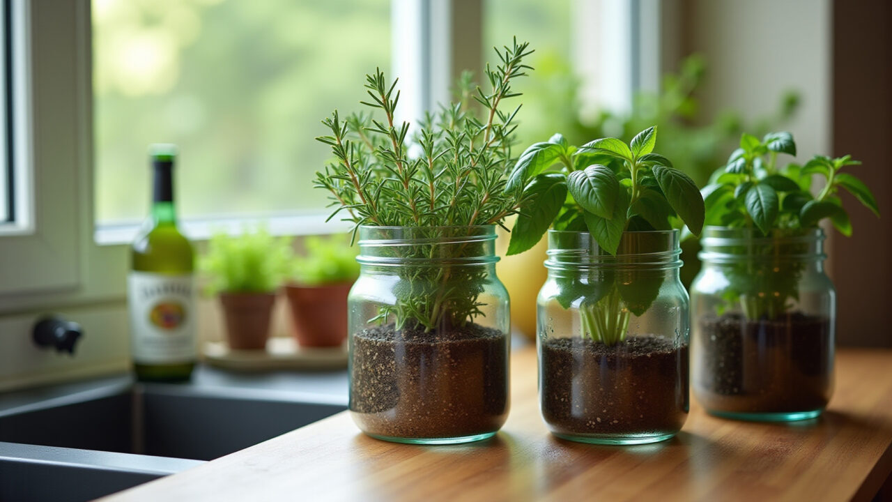 Kitchen herb garden in recycled glass jars, basil, mint, rosemary, natural light, 8K, professional Mini vasos de plantas e ervas aromáticas em potes de vidro na cozinha.