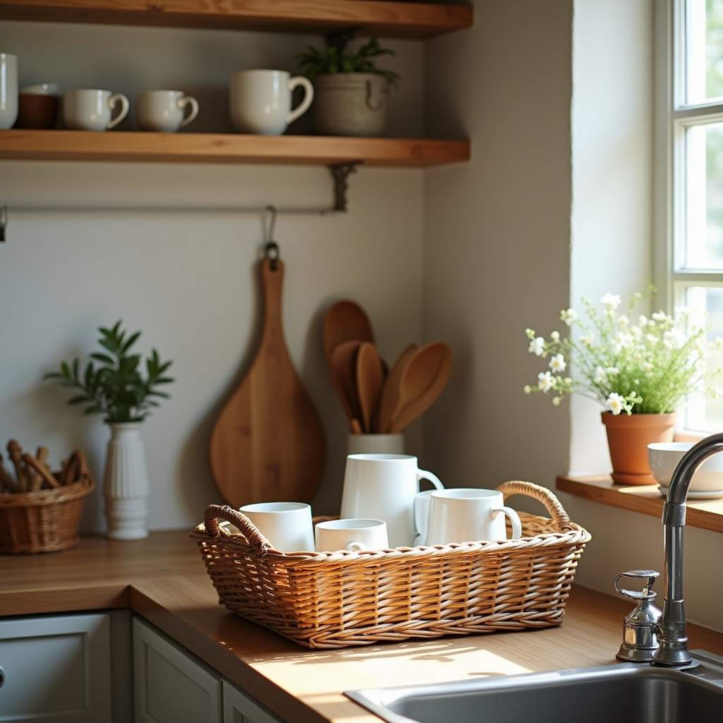 Kitchen organization, wicker baskets, cups and saucers, rustic style, Brazilian decor, natural Cestos organizadores para guardar xícaras e pires.
