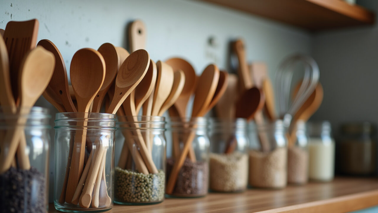 Kitchen utensil organization in glass jars, wooden spoons, spatulas, whisks, 8K, professional Utensílios de cozinha organizados em potes de vidro.