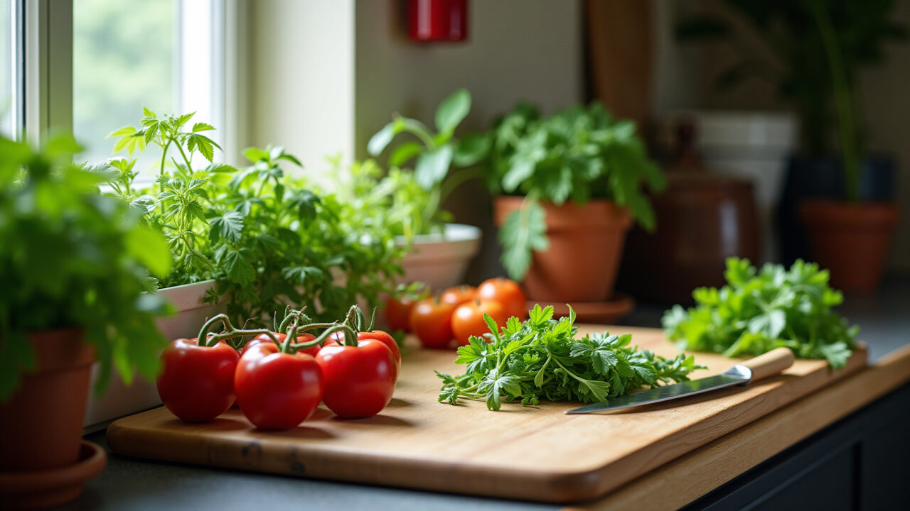 Cozinha com plantas e ervas frescas.