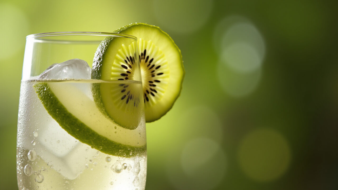 Kiwi caipirinha, lime, cachaça, ice cubes, glass, vibrant, professional photography, 8K quality, Caipirinha de kiwi com limão e cachaça.