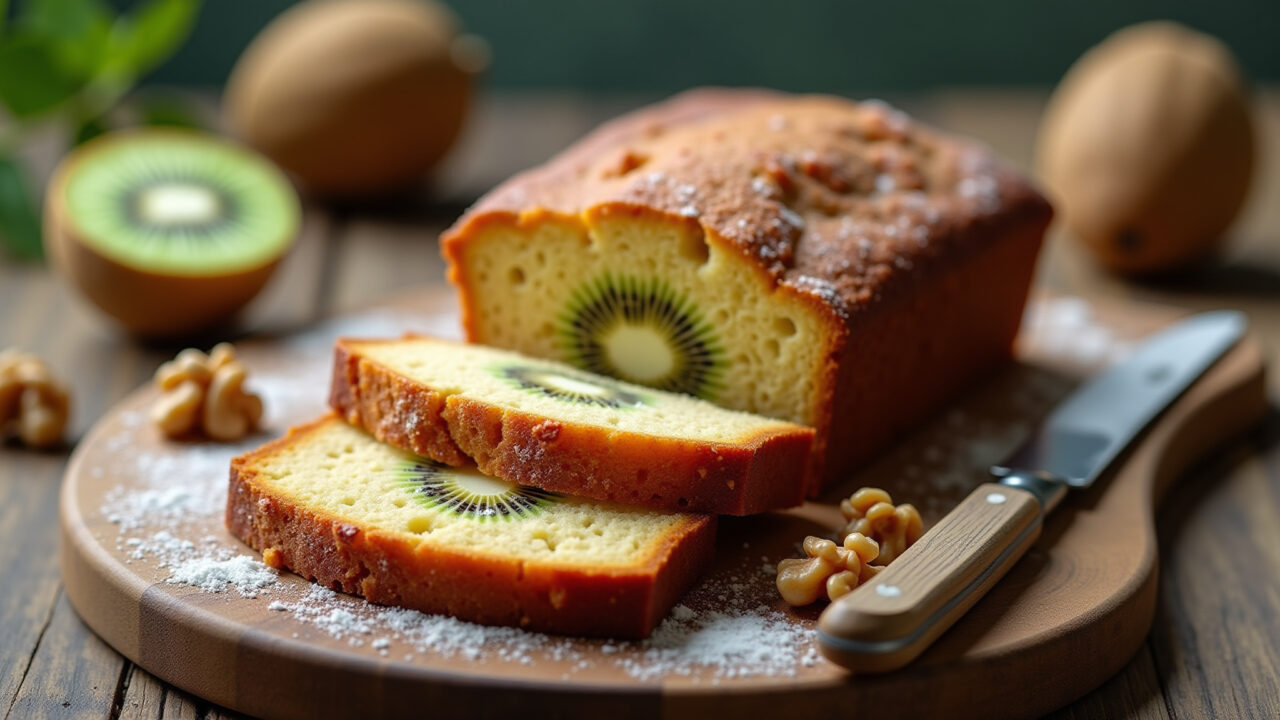 Kiwi cake, whole wheat flour, walnuts, slice, rustic table, vibrant, professional photography, 8K Bolo integral de kiwi com nozes.