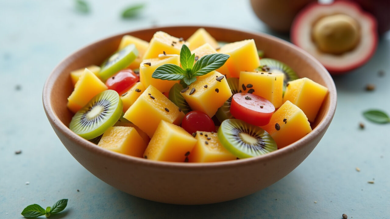 Kiwi fruit salad, mango, passion fruit, bowl, vibrant colors, professional photography, 8K quality, Salada de frutas tropical com kiwi, manga e maracujá.