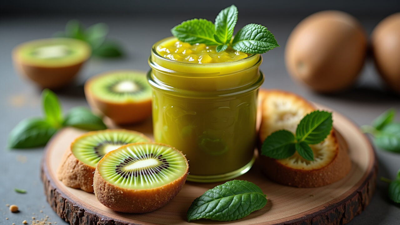 Kiwi jam, homemade, mint leaves, toast, glass jar, vibrant, professional photography, 8K quality, Geleia caseira de kiwi com hortelã.