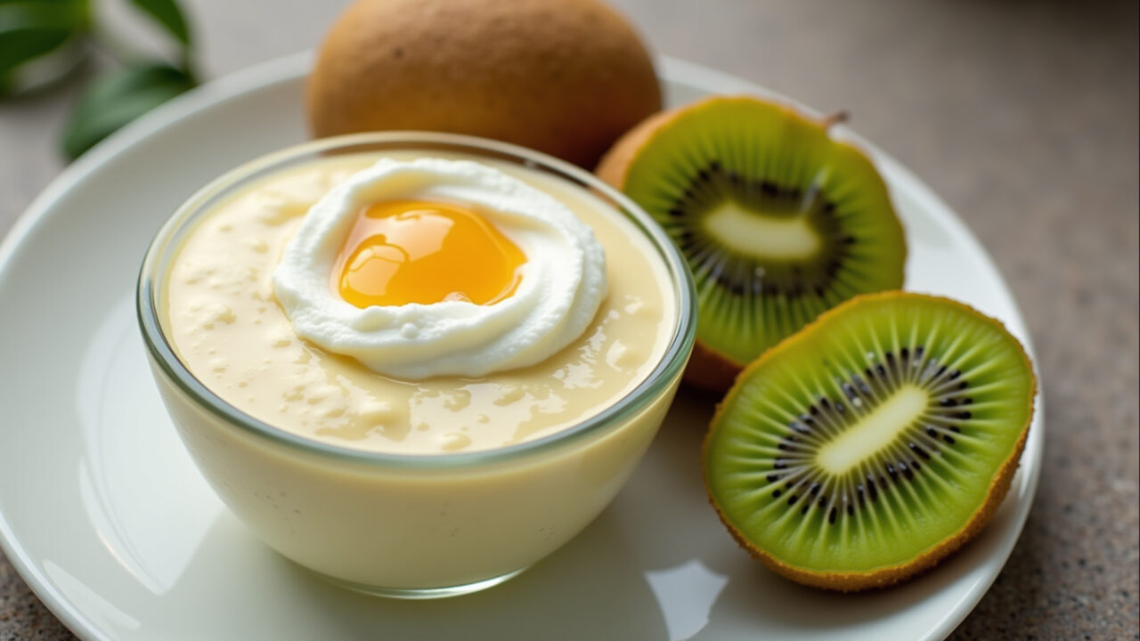 Kiwi mousse, creamy texture, yogurt, honey, glass bowl, kiwi slices, vibrant, professional Mousse cremoso de kiwi com iogurte e mel.