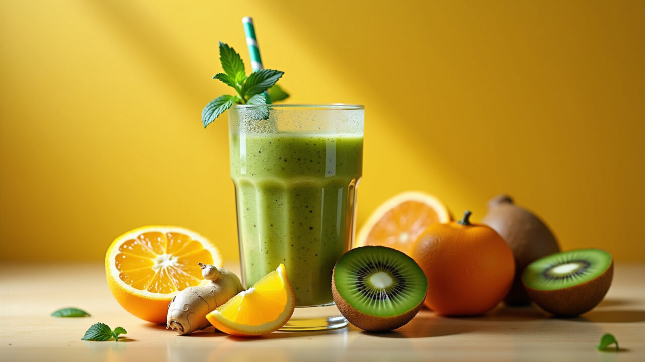 Kiwi smoothie, vibrant colors, orange slices, ginger, mint leaves, glass, professional photography, Smoothie refrescante de kiwi com laranja e gengibre.