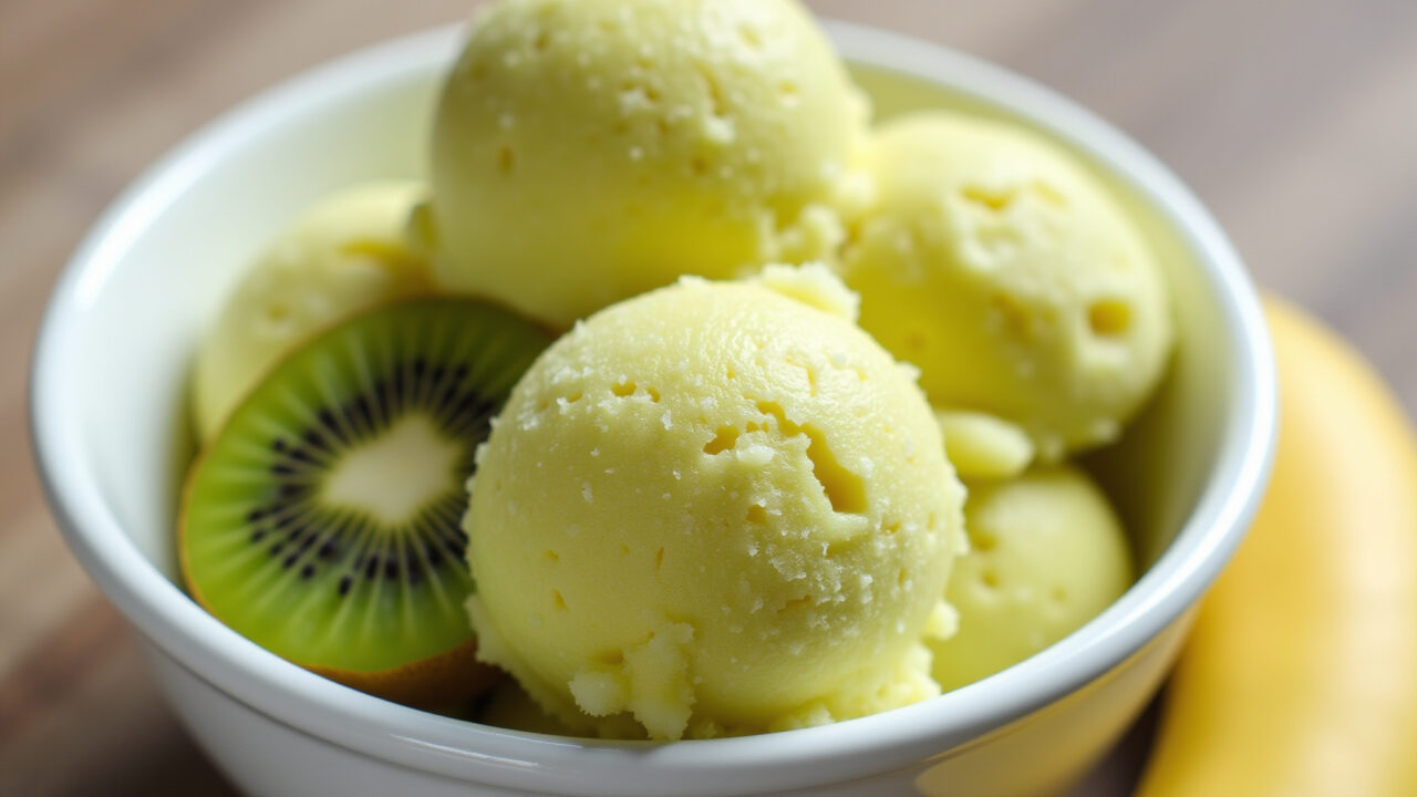 Kiwi sorbet, banana, frozen, creamy texture, bowl, vibrant, professional photography, 8K quality, Sorvete caseiro de kiwi com banana.