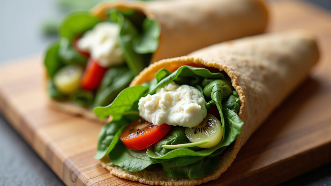Kiwi wrap, whole wheat tortilla, ricotta cheese, spinach, vibrant, professional photography, 8K Wrap integral com kiwi, ricota e espinafre.