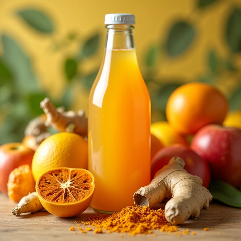 Kombucha cercada de ingredientes que fortalecem o sistema imunológico.