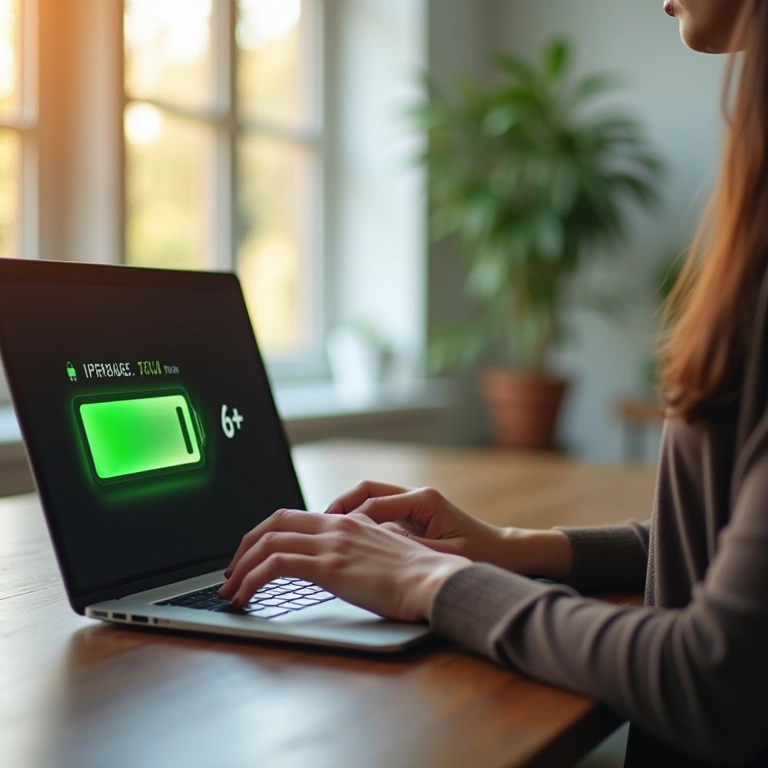 Laptop battery indicator showing 6+ hours, woman working remotely, bright home office, Brazilian Notebook com bateria de longa duração em uso no home office.