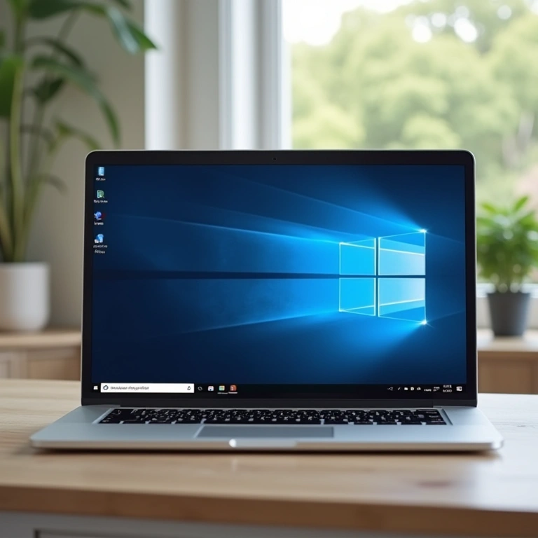 Laptop screen showing Windows OS, clean home office, natural light, Brazilian touch, 8k quality, Tela de notebook mostrando o sistema operacional Windows.