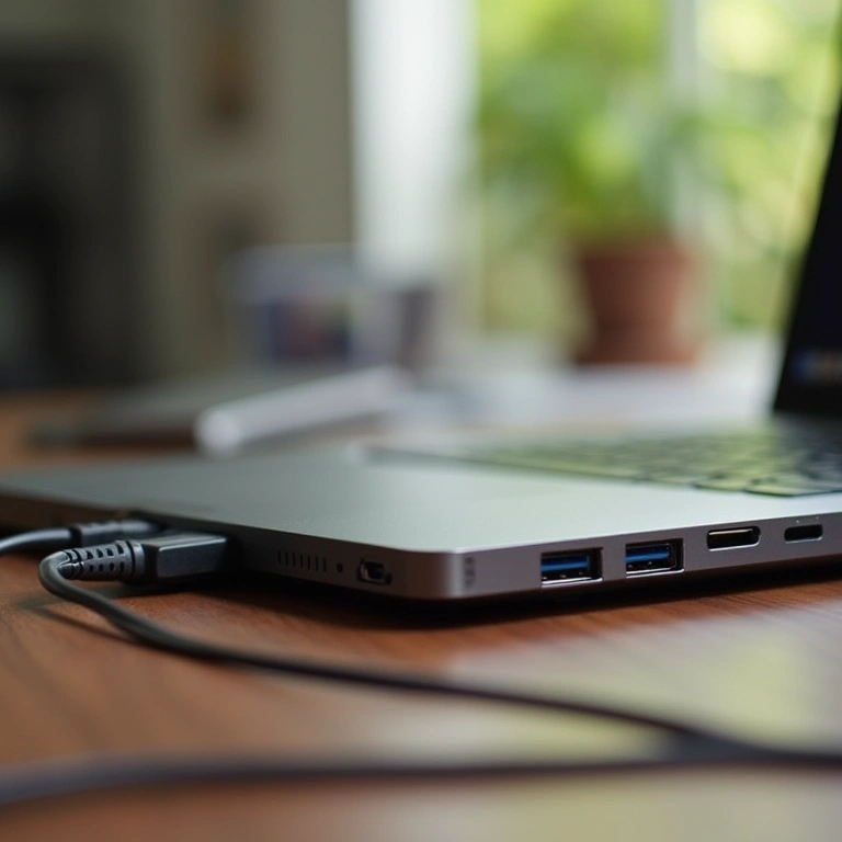 Laptop with multiple USB ports, connecting devices, home office, Brazilian style, natural light, 8k Notebook com várias portas USB conectando dispositivos.